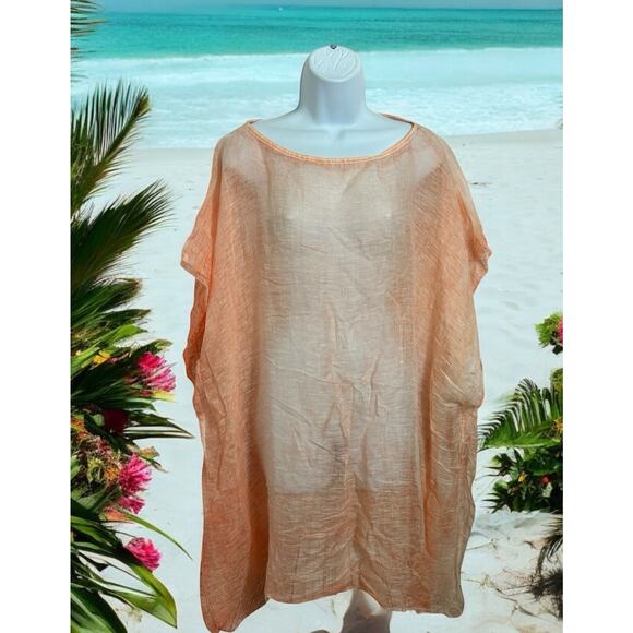 Eileen Fisher Linen Blend Peach Poncho Top One Size Raw Edge Layer Blouse New - Picture 4 of 9